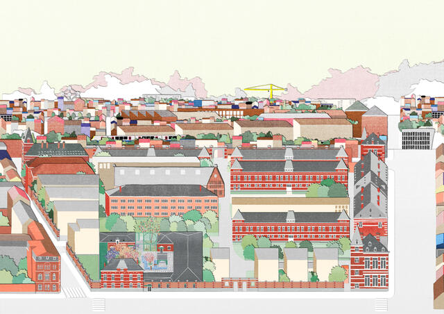 Axonométrie frontale du projet et son contexte 