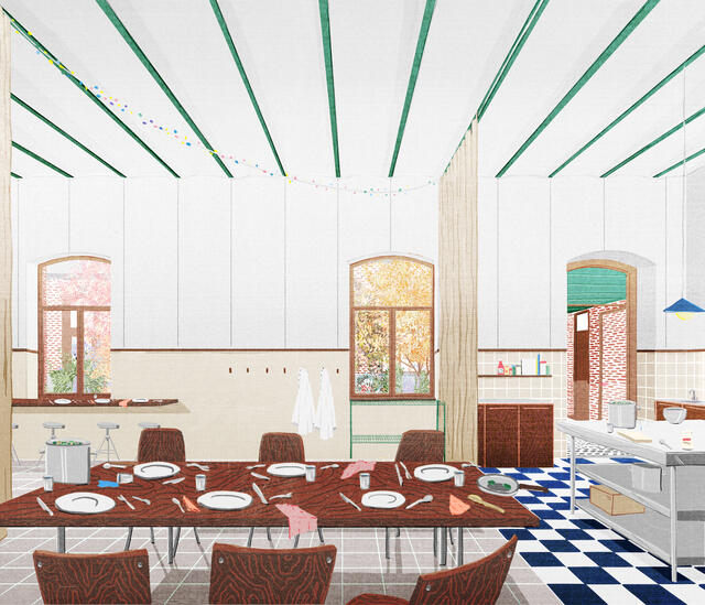 Vue projetée vers la cuisine 