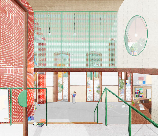 Vue de l'entrée du bâtiment 