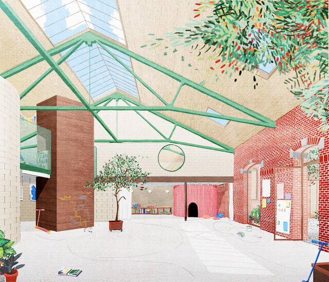 Vue dans la halle du bâtiment 