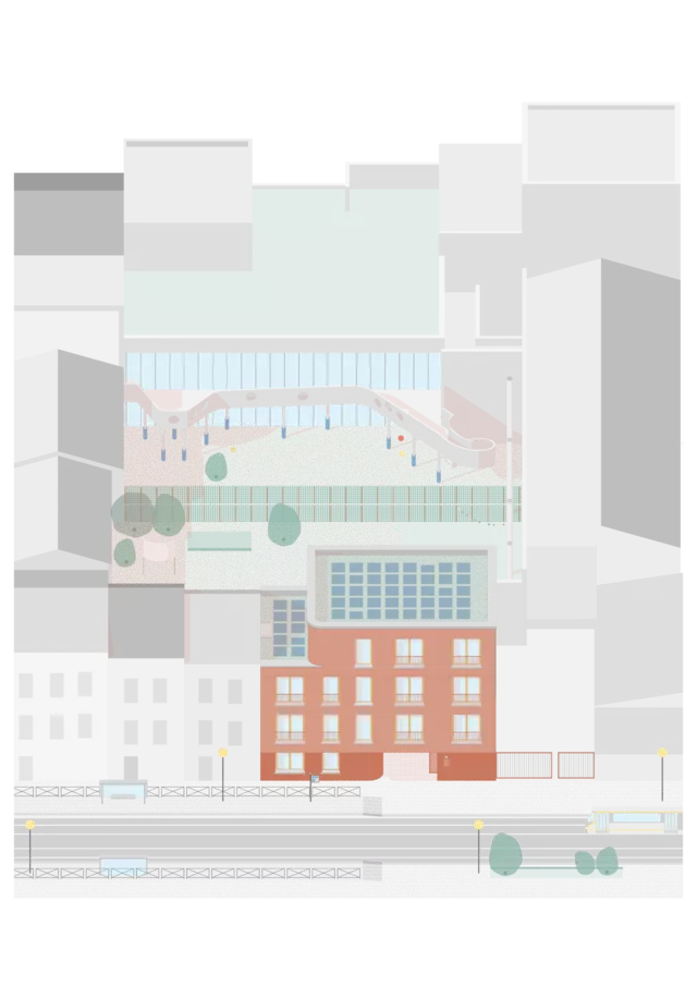 Axonométrie du projet dans son contexte urbain 