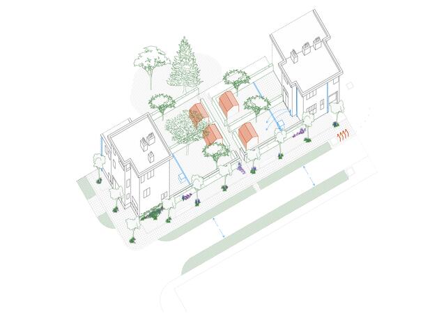 Axonométrie contextuel d'un groupe d'habitation dans l'espace public